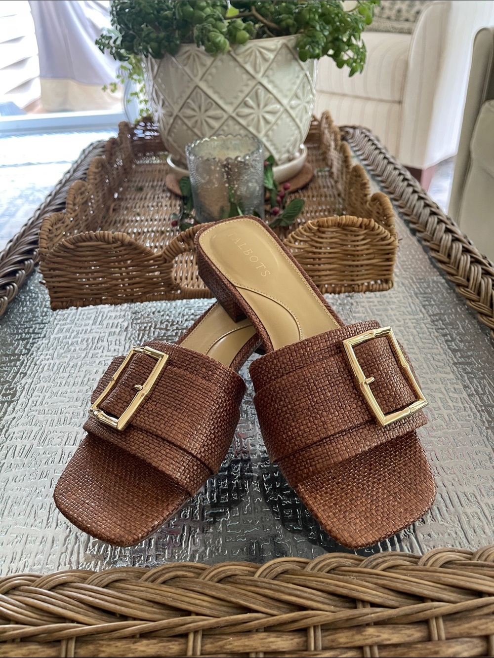 Talbots Brown Woven Slide Sandals with Gold Buckles
